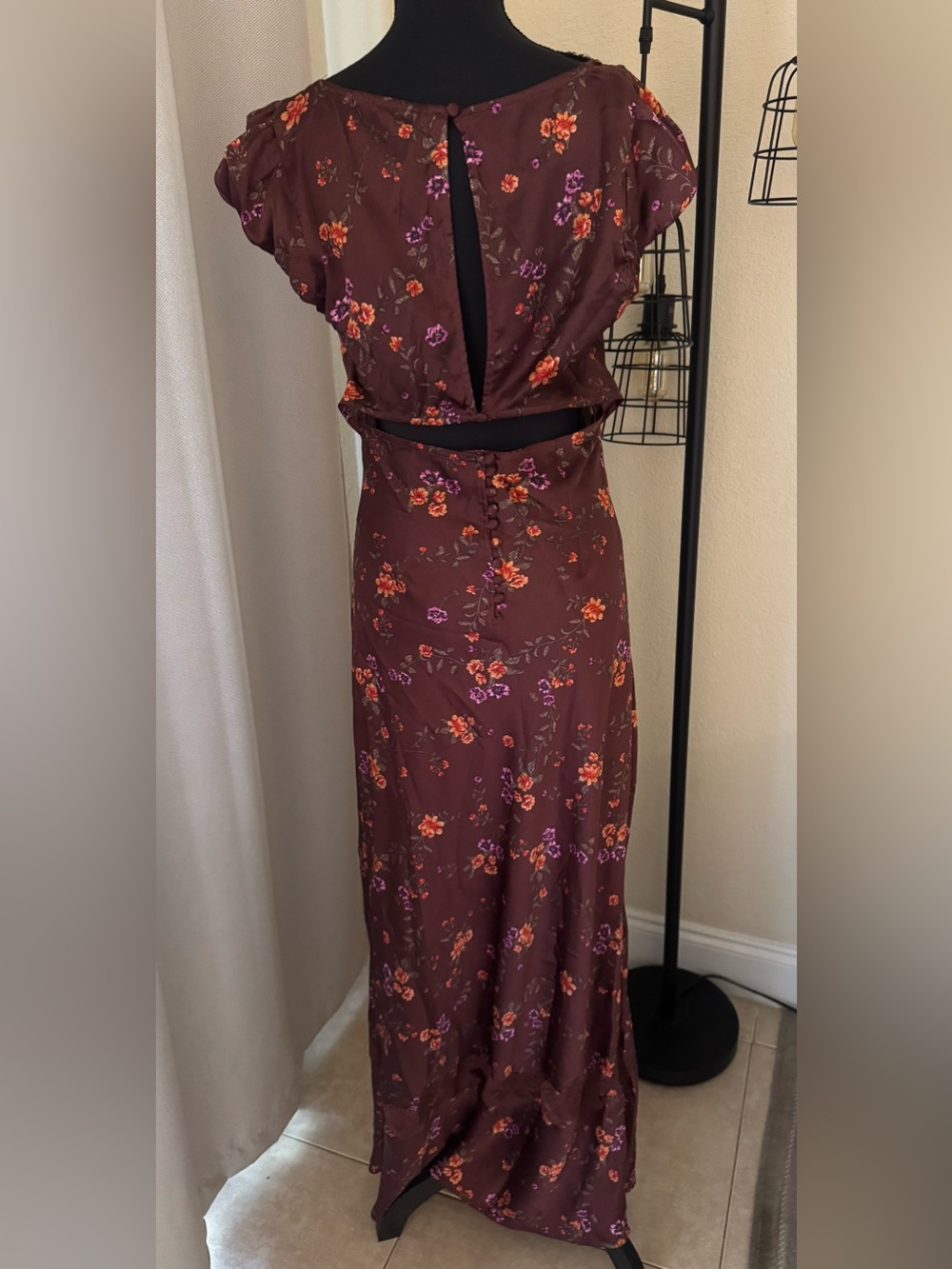 Free People Butterfly Babe Maxi Dress M Brown Floral Satin Open Back Cottagecore - Picture 6 of 9